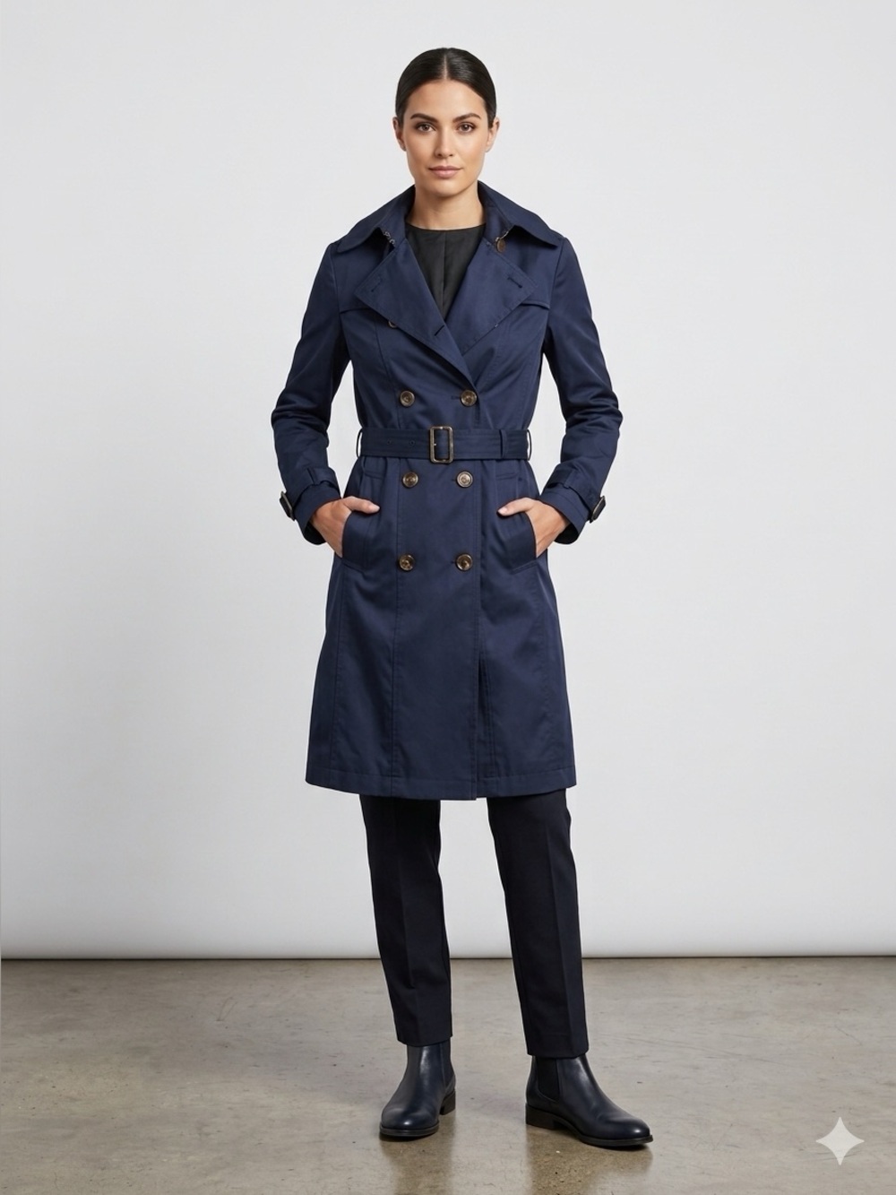 Barneys New York CO-OP Navy Double-Breasted Belted Trench